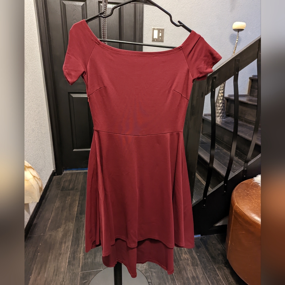Maroon high-low off the shoulder dress